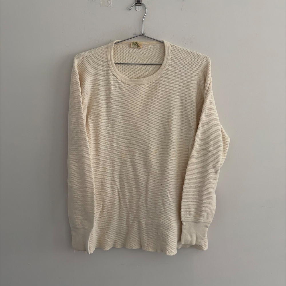 Vintage St Johns Bay Mens Waffle Knit Thermal Long Sleeve Shirt Cream Medium